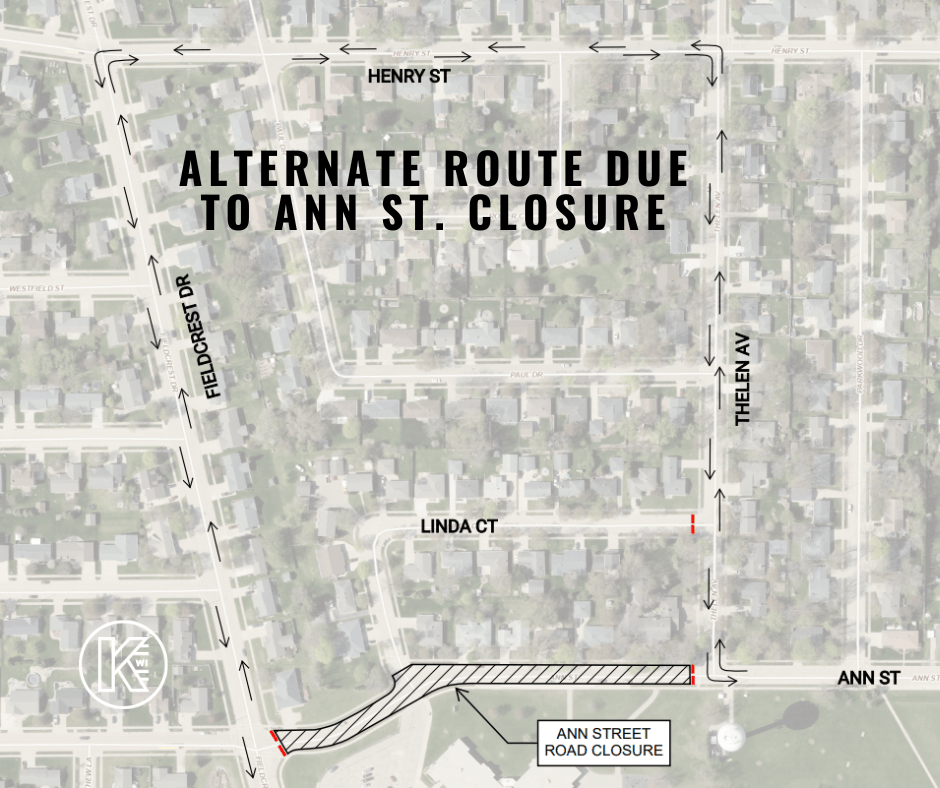 Map showing an alternate route utilizing Thelen Avenue, Henry Street, and Fieldcrest Drive.