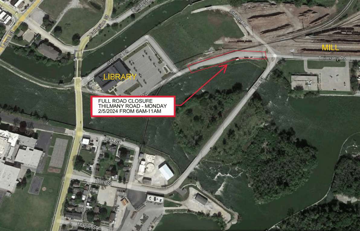 Picture of a map indicating the road closure on Thilmany Road in Kaukauna from the library to Elm Street.
