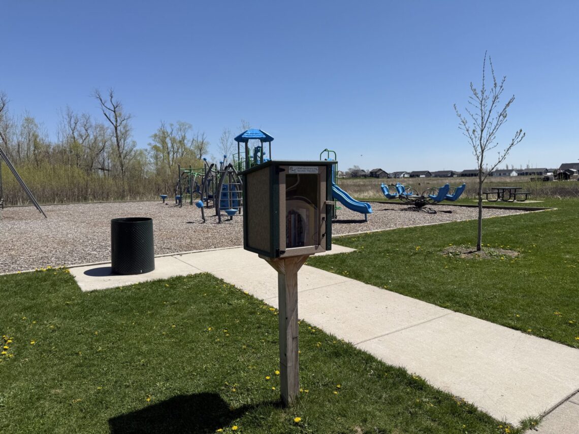 Picture of a little free library structure with blue, green and purple playground equipment in the background