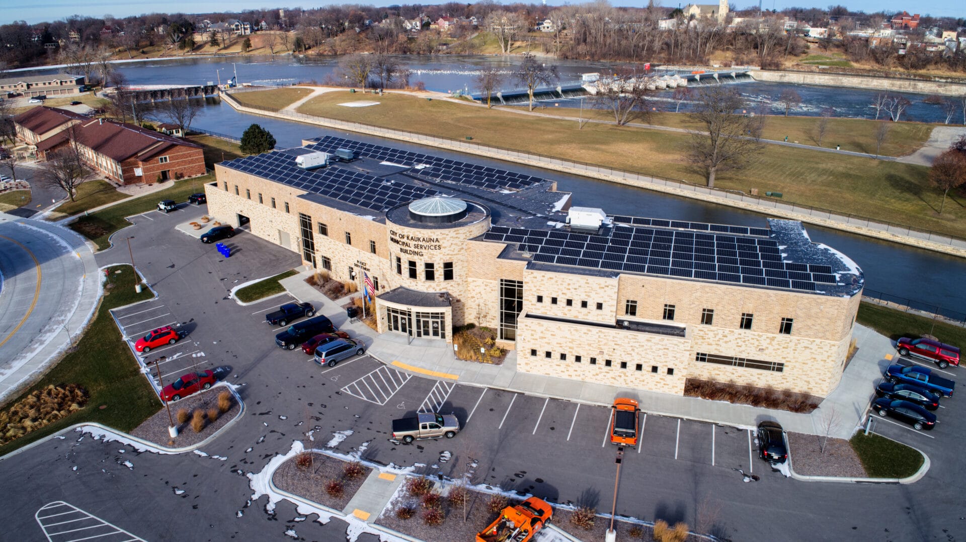Aerial image of the City of Kaukauna Municipal Services Building and Police Department