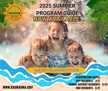 promotional image for the 2025 summer program guide featuring children laughing and splashing in the water