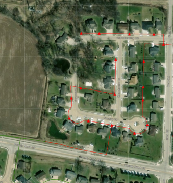 Picture of a map showing where TDS will be working. These roads include Olde Country Circle, Manchester Drive, Camden Way, and Fenway Court.