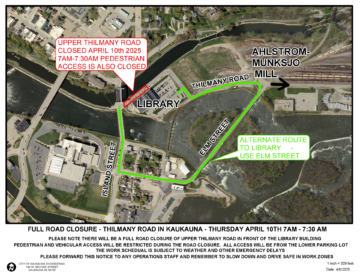 Map detailing road closure of upper Thilmany Road between Island Street and lower library parking lot.