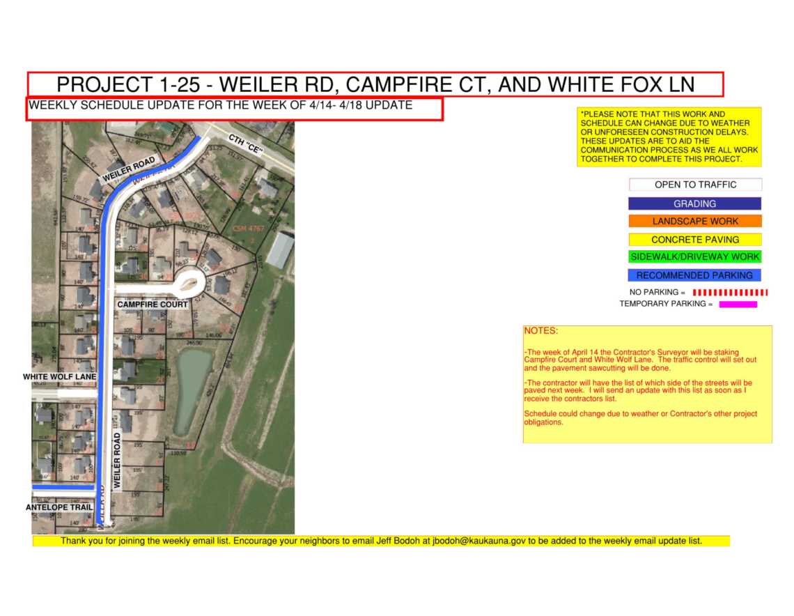 Picture of a map for Project 1-25 including Weiler Rd, Campfire Ct, and White Fox Ln