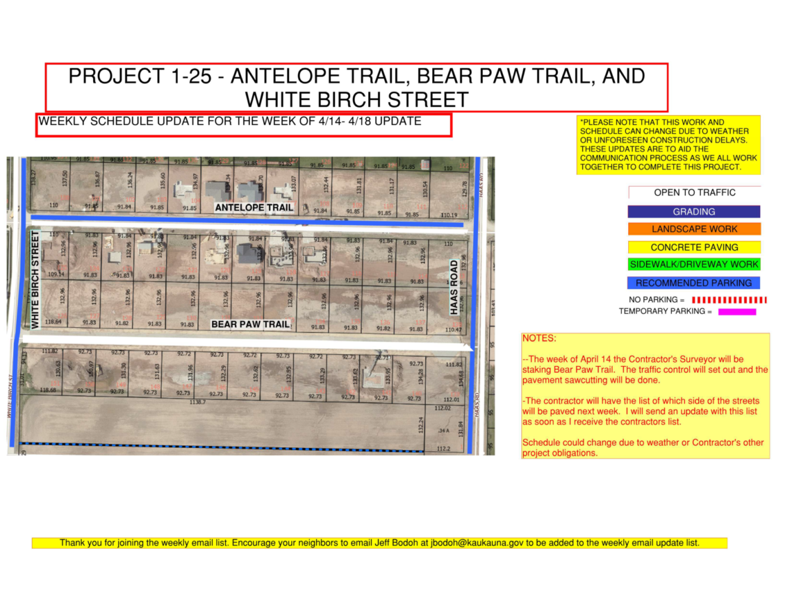 Picture of a map for project 1-25 including Antelope Trail, Bear Paw Trail, and White Birch Street