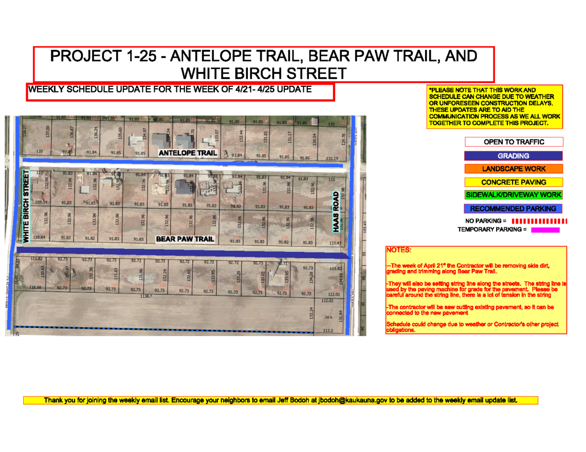 Map showing work to be done on Antelope Trail, Bear Paw Trail, and White Birch Street