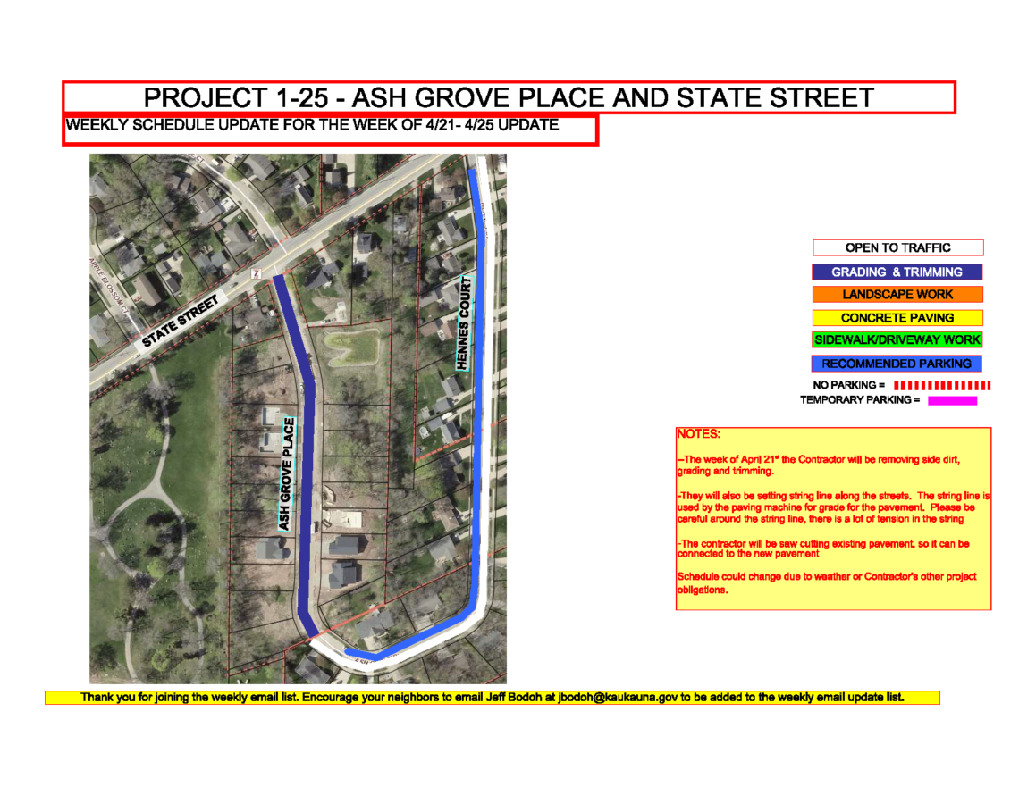 Map showing work to be done on Ash Grove Place and State Street