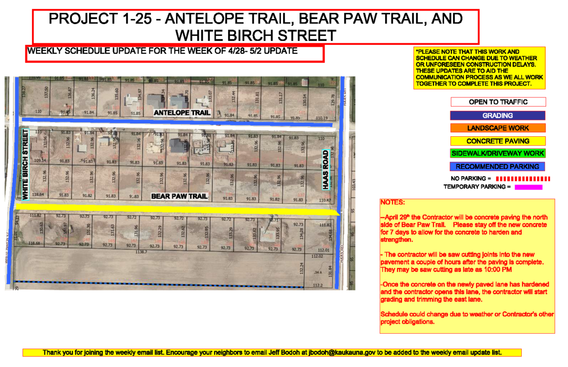 Map showing work being done to Antelope Trail, Bear Paw Trail, and White Birch Street