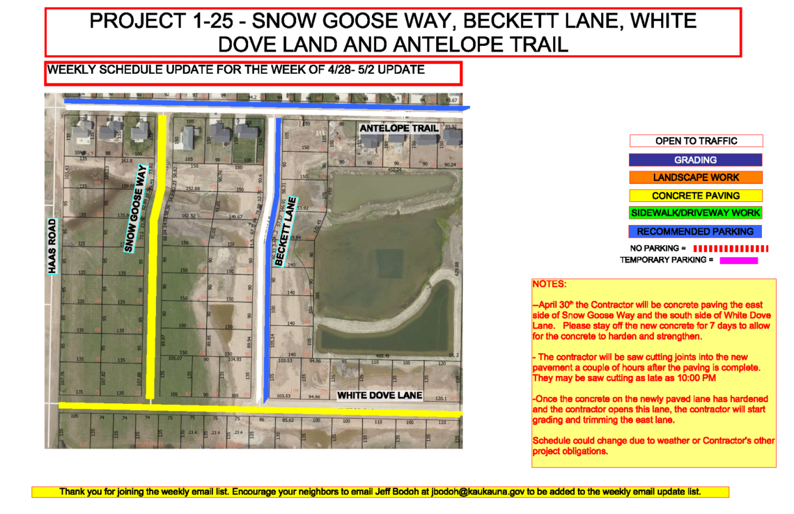Map showing work being done on Snow Goose Way, Beckett Lane, White Dove Lane, and Antelope Trail