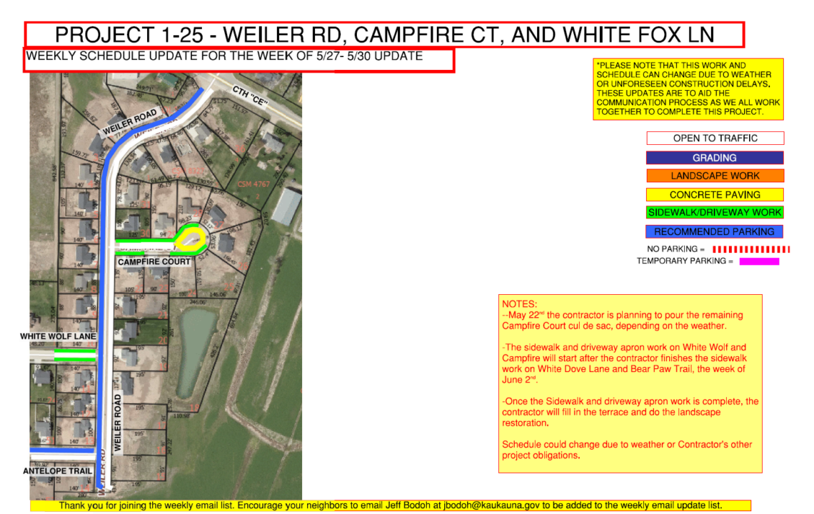Map showing work being done on Weiler Rd. Campfire Ct. and White Fox Ln.