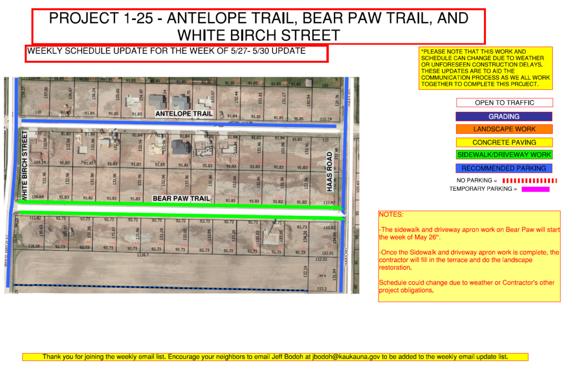 Map showing work to be done on Antelope Trail, Bear Paw Trail, and White Birch Street.