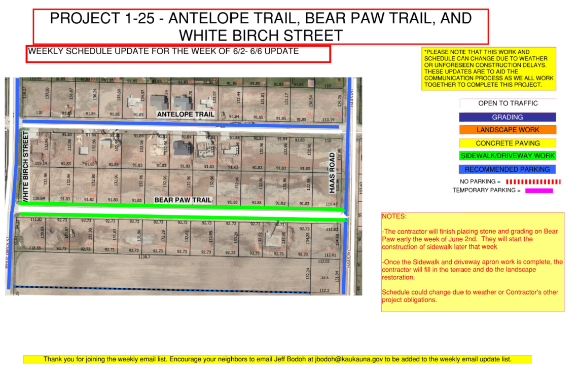 Map showing work being done on Antelope Trail, Bear Paw Trail, and White Birch Street
