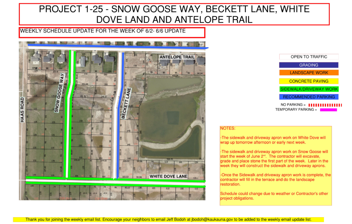 Map showing work being done on Snow Goose Way, Beckett Lane, White Dove Land, and Antelope Trail