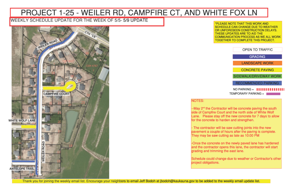 Map showing work to be done on Weiler Road, Campfire Court and White Fox Lane