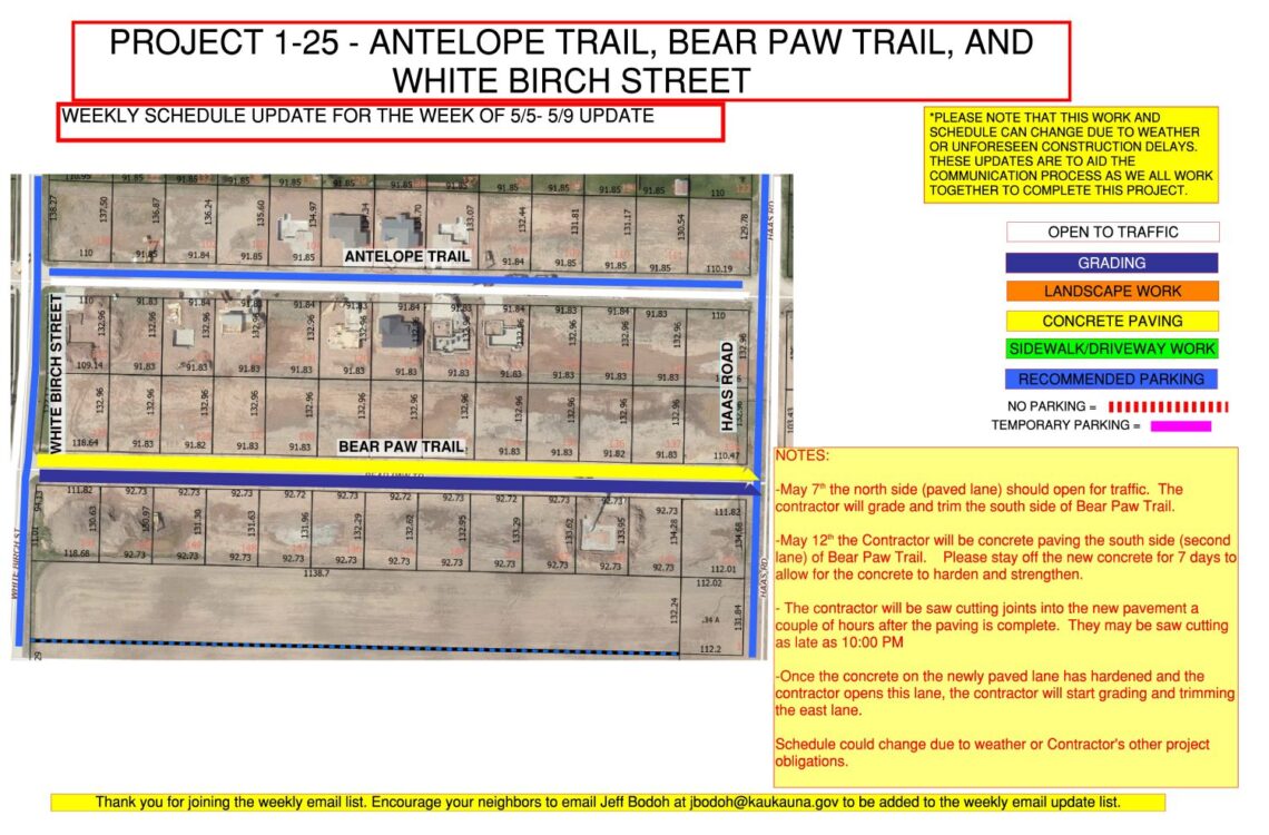 Map showing work being done to Antelope Trail, Bear Paw Trail, and White Birch Street