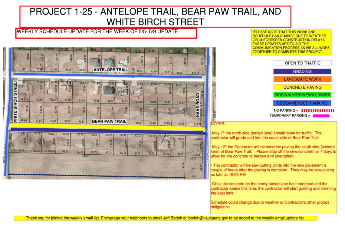 Map showing work being done to Antelope Trail, Bear Paw Trail, and White Birch Street