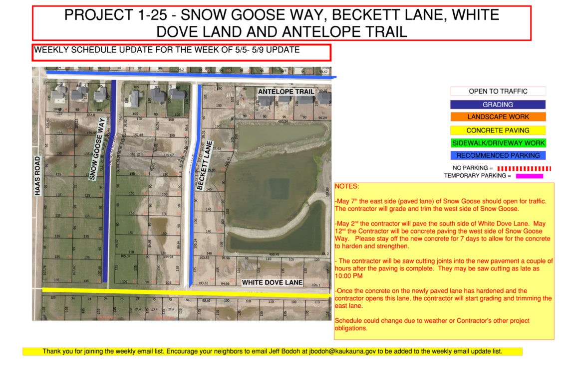 Map showing work being done on Snow Goose Way, Beckett Lane, White Dove Lane, and Antelope Trail