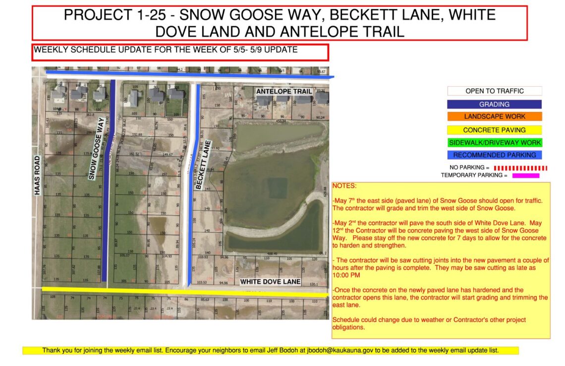 Map showing work being done on Snow Goose Way, Beckett Lane, White Dove Lane, and Antelope Trail
