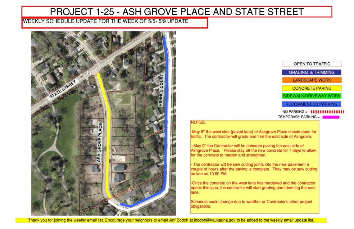 Map showing work to be done on Ash Grove Place and State Street