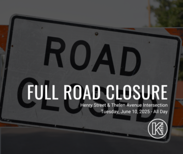 Graphic describing full road closure on the henry street and thelen avenue intersection that will occur all day Tuesday June 10, 2025. Road closed sign in the background.