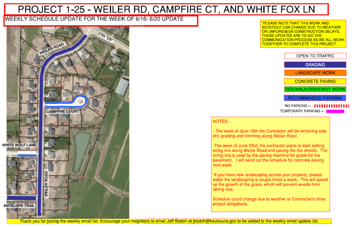 Map showing the work being done on weiler road, campfire court, and white fox lane