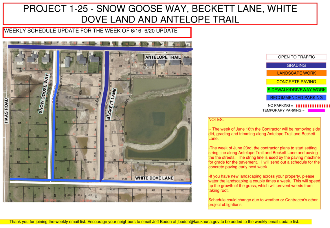 Map of the work being done on Snow Goose Way, Beckett Lane, White Dove Land and Antelope Trail