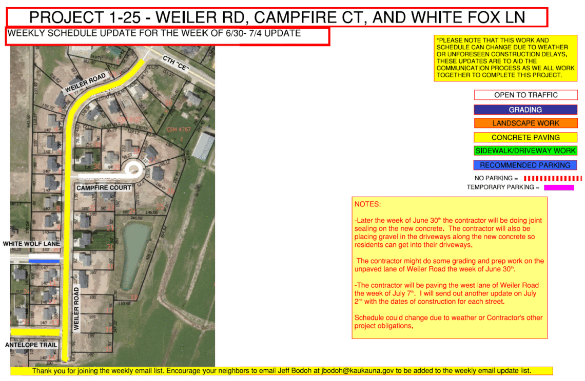 Map showing the work being done on weiler road, campfire court, and white fox lane