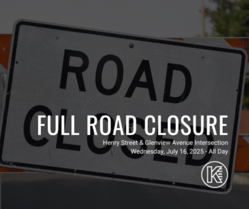 Sign stating full road closure at henry street and glenview avenue intersection on wednesday, july 16, 2025. Picture of a road closed sign in the background.