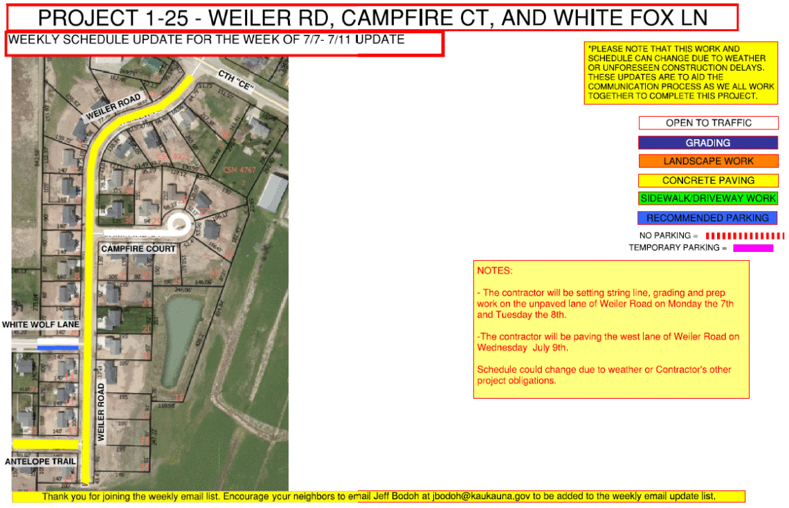 Map showing the work being done on weiler road, campfire court, and white fox lane