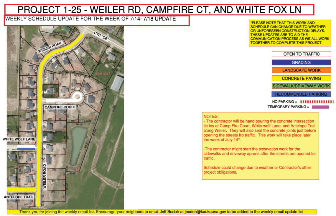 Map showing the work being done on weiler road, campfire court, and white fox lane
