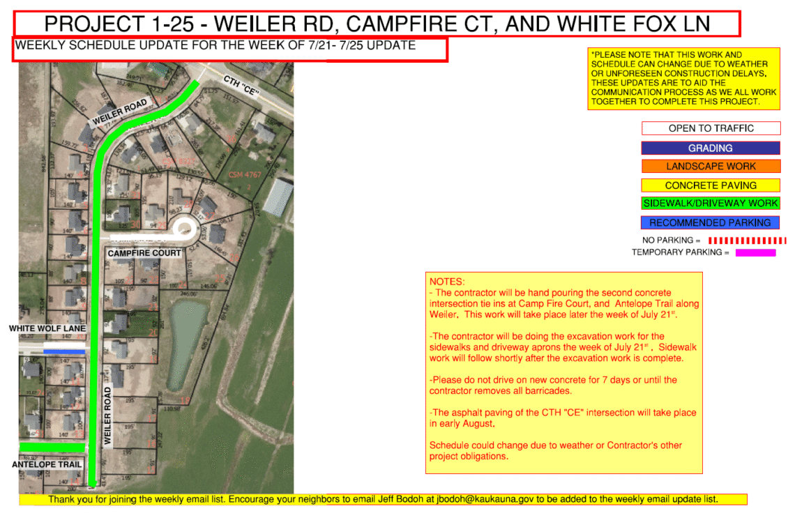 Map showing the work being done on weiler road, campfire court, and white fox lane