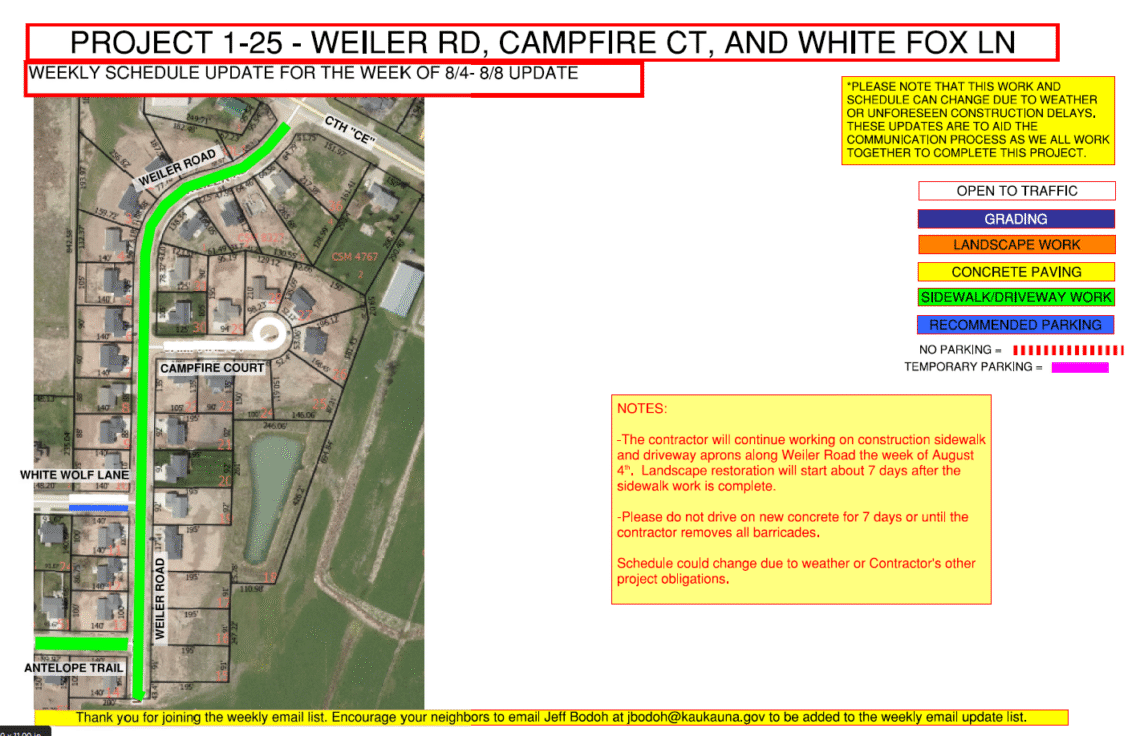 Map showing the work being done on weiler road, campfire court, and white fox lane