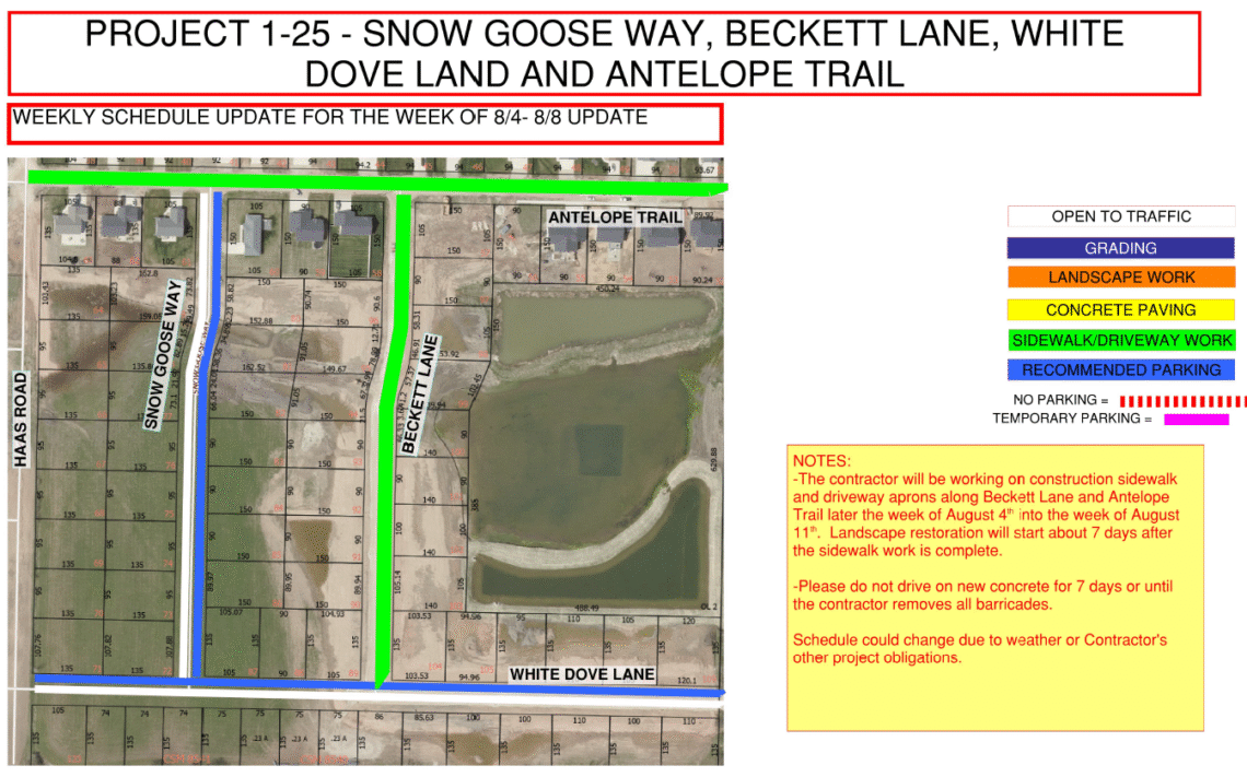Map of the work being done on Snow Goose Way, Beckett Lane, White Dove Land and Antelope Trail