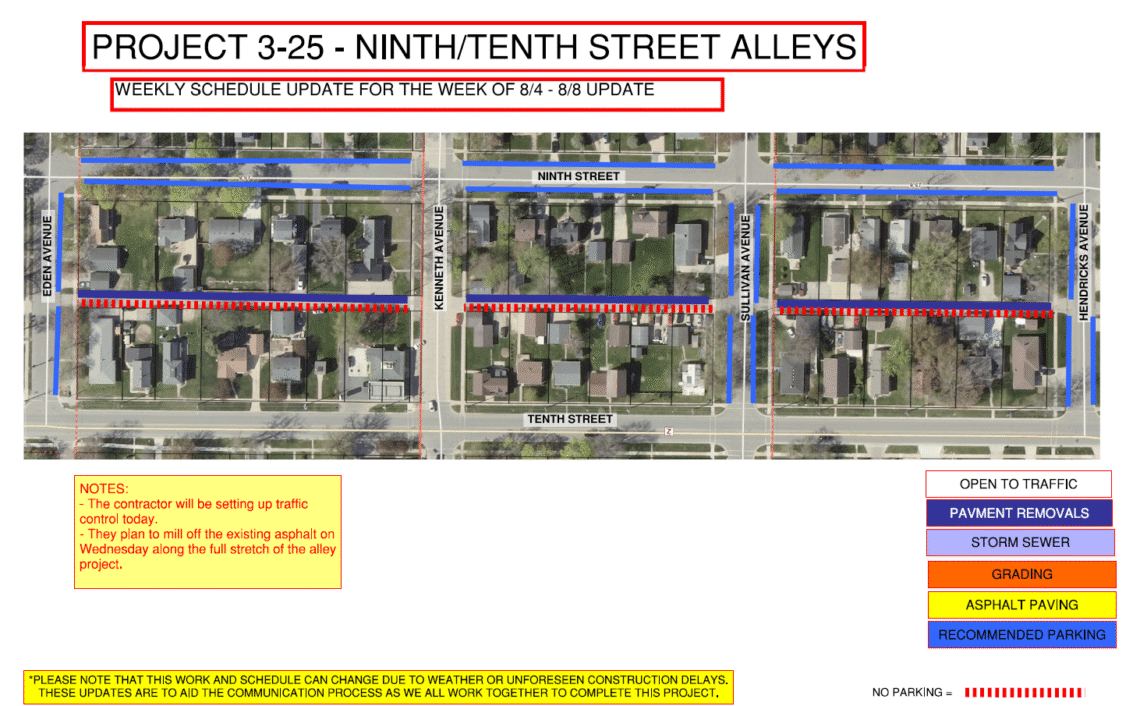 image of a map showing the work to be done for Project 3-25 on 9th/10th street alley from Eden Avenue to Hendricks Avenue