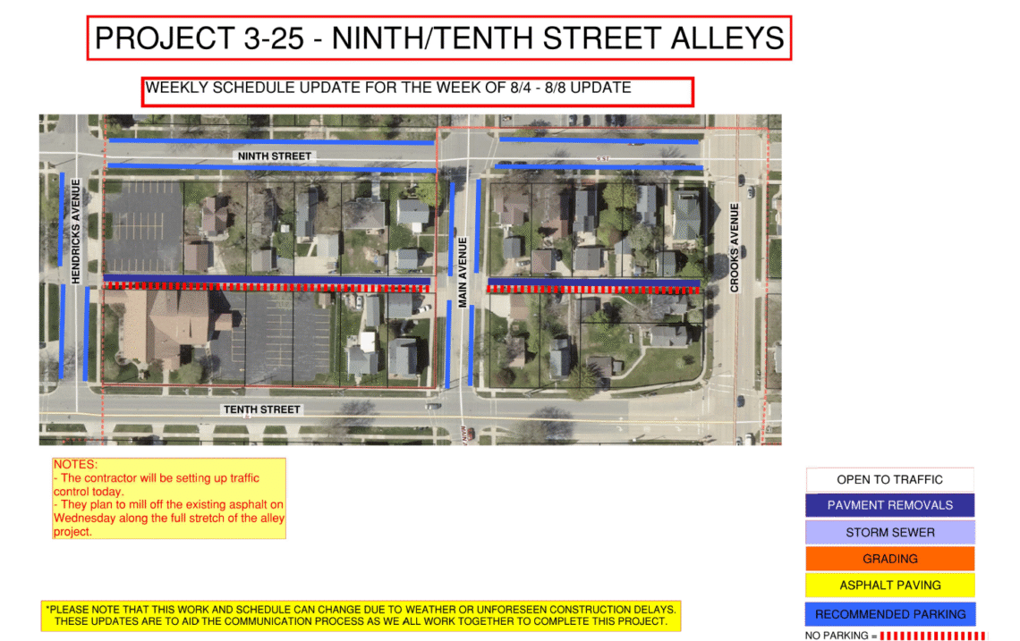 image of a map showing the work to be done for Project 3-25 on 9th/10th street alley from Hendricks Avenue to Crooks Ave.
