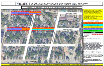 Map showing work to be done on Blackwell Street and Desnoyer Street between Seymour Street and Tobacnoir Street.