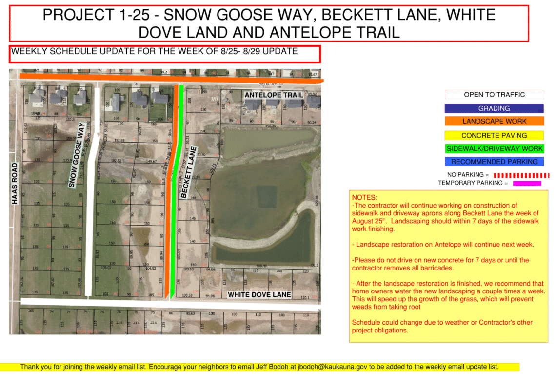 Project 1-25 Map of the work being done on Snow Goose Way, Beckett Lane, White Dove Land and Antelope Trail