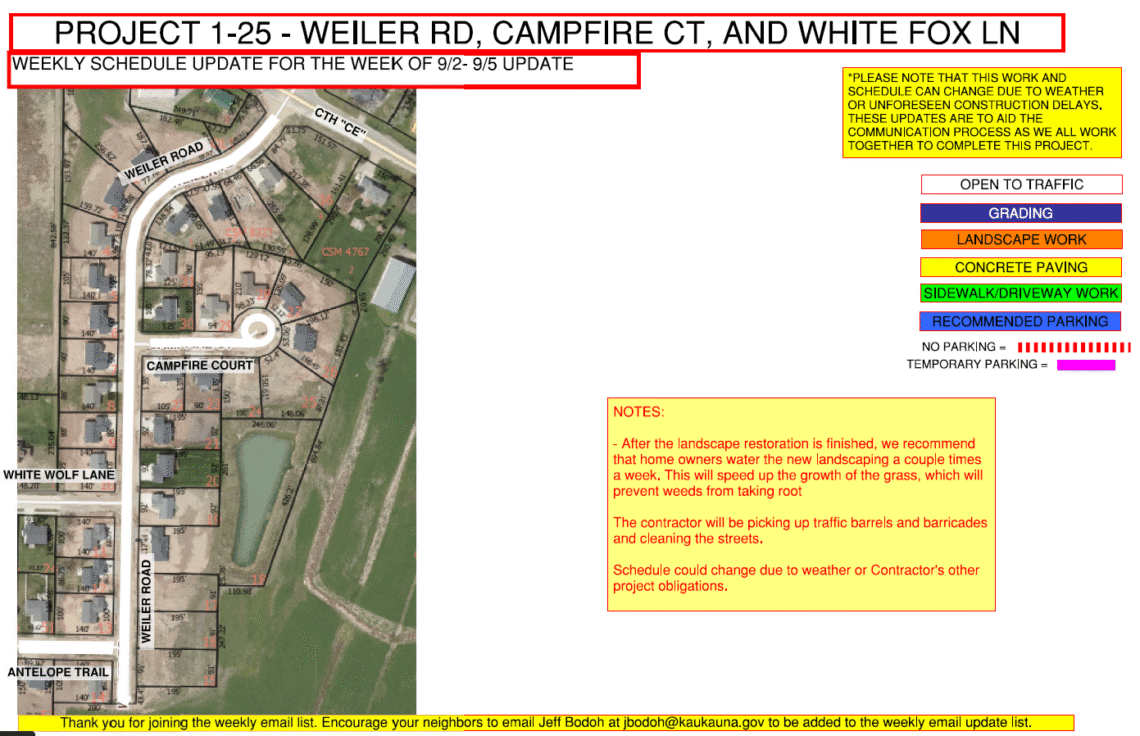 Project 1-25 Map showing the work being done on weiler road, campfire court, and white fox lane