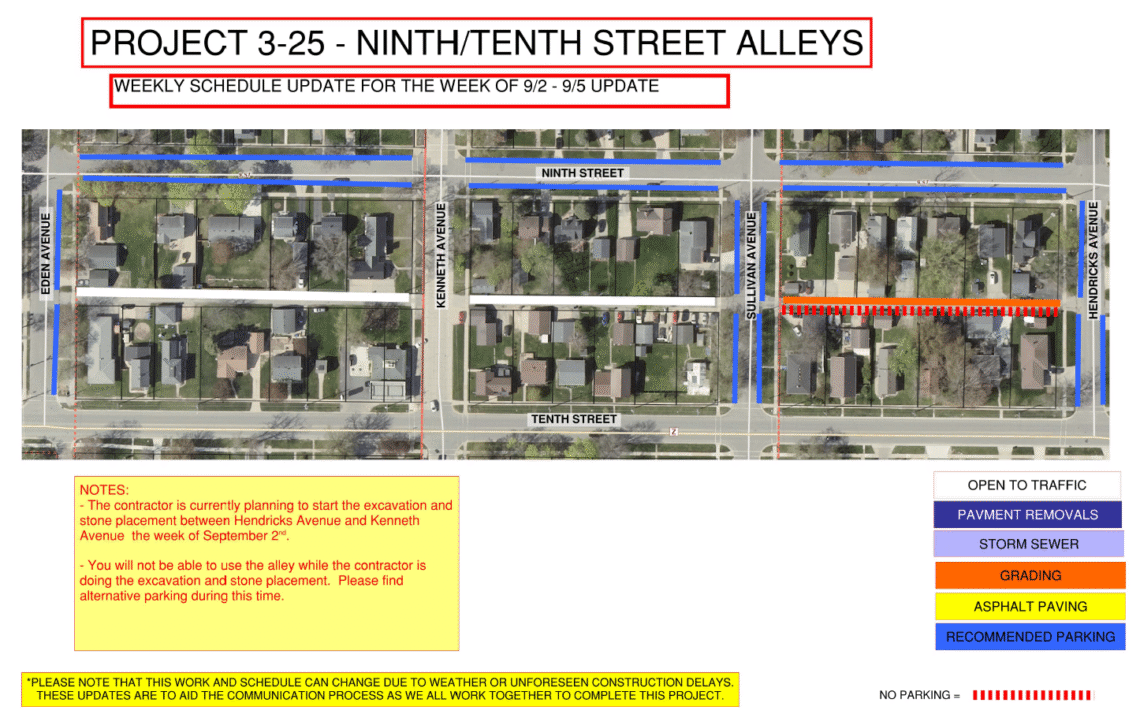 Project 3-25 image of a map showing the work to be done for Project 3-25 on 9th/10th street alley from Eden Avenue to Hendricks Avenue