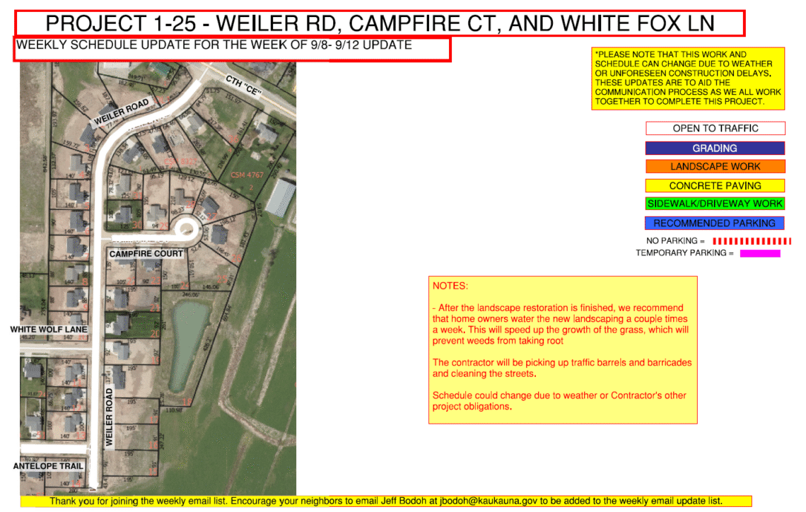 Project 1-25 Map showing weiler road, campfire court, and white fox lane
