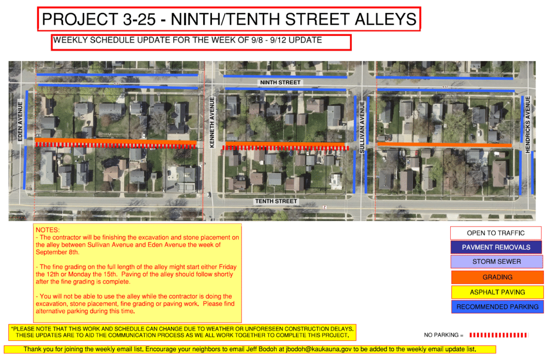Project 3-25 map of work being done on the alleyway between ninth and tenth street from Hendricks avenue to crooks avenue. Suggested parking on ninth street, Main avenue, and hendricks avenue.