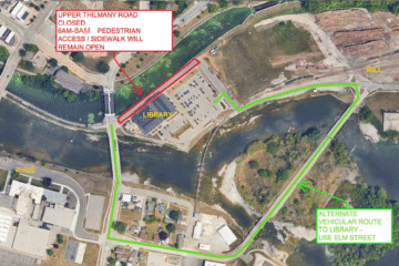 Picture of a map outlining the area of the road that will be closed in red along with the alternate route in green.