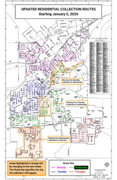 image shows a map of the city with some areas highlighted in orange. Headline reads Updated Residential Collection Routes Starting January 5, 2026.