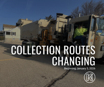 Graphic reads Collection Routes Changing Beginning January 5, 2026 with the kaukauna logo. A picture of a garbage truck in the background.