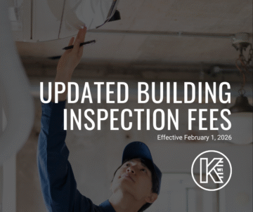 Graphic informing people of updated building inspection fees that will be effective February 1, 2026 with a picture of a building inspector in the background.