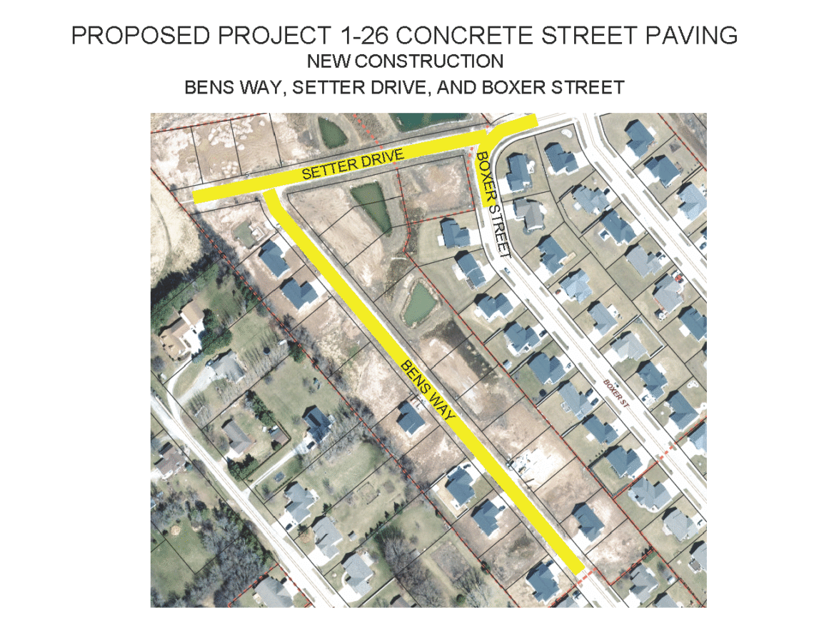 Aerial view of a proposed concrete street paving project overlay on a neighborhood map. Highlighted streets include Bens Way, Setter Drive, and Boxer Street. The surrounding area shows residential properties and green spaces.