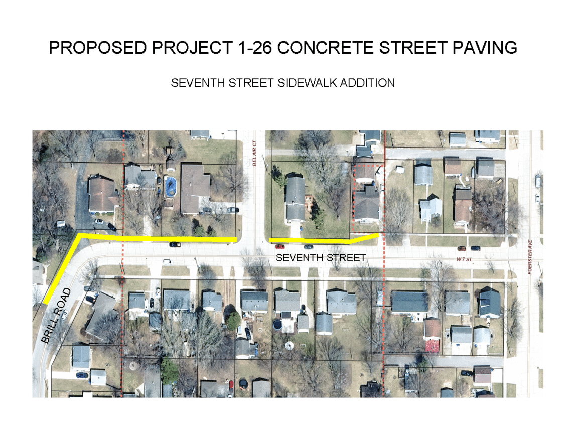 Aerial view of a neighborhood with a proposed concrete street paving project. The project is highlighted along Bell Road and Seventh Street, showing the sidewalk addition. Nearby houses and streets are visible.