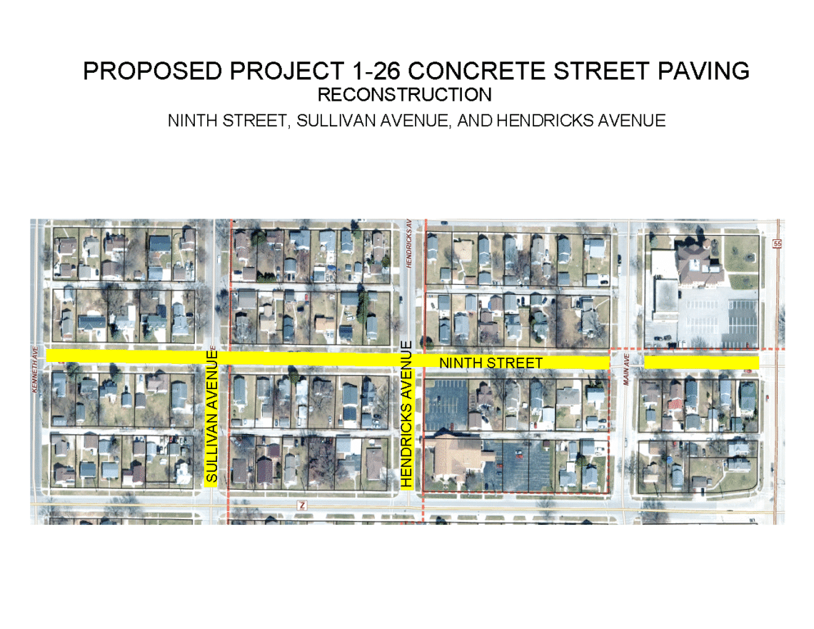 A map shows a proposed project for concrete street paving reconstruction on Ninth Street, Sullivan Avenue, and Hendricks Avenue. The streets are highlighted in yellow within a residential area with visible houses and trees.