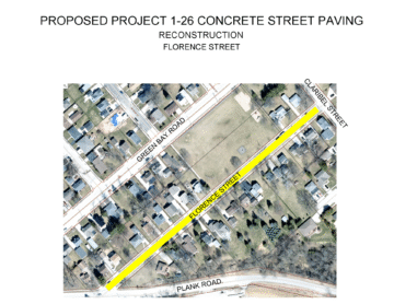 Aerial view of a proposed street paving project on Florence Street, highlighted in yellow. Adjacent streets include Green Bay Road, Claribel Street, and Plank Road. Surrounding the streets are residential properties with visible houses and trees.