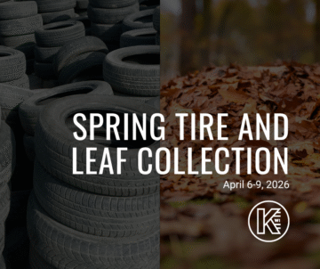 A split image showing stacked tires on the left and a pile of leaves on the right. Overlaid text reads: 
